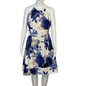 Eliza J Blue Ivory Floral Halter Fit & Flare  Dress Sz 8
